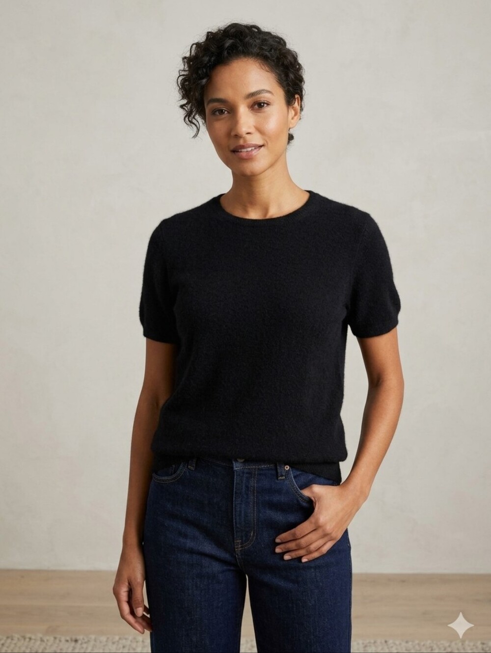 Valorie Stevens Black Short-Sleeve Crewneck Cashmere Sweater 2 Ply Cashmere